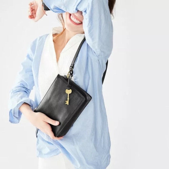 Fossil Crossbody Bag Taupe Leather Suede Zipper Adjustable Strap Purse‎ Pockets - Picture 8 of 14